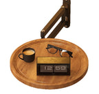 Round wall-mounted bedside table with wood-effect top, supplier product photo