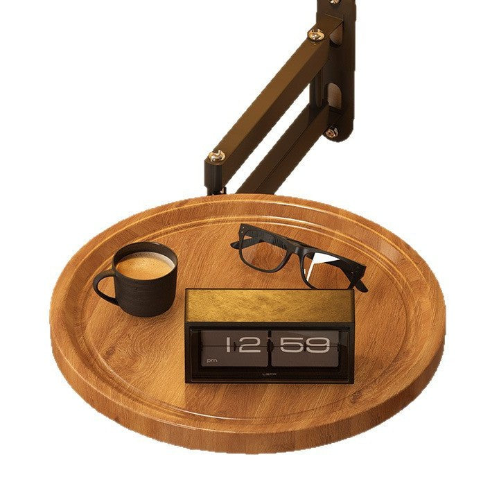 Round wall-mounted bedside table with wood-effect top, supplier product photo