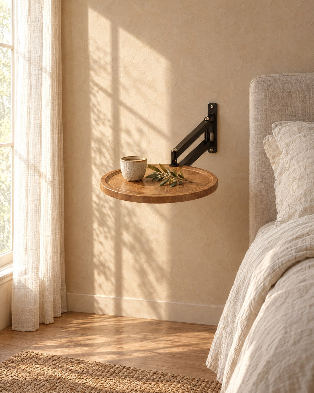 Round wall-mounted bedside table with wood-effect top in warm morning light with window shadows on the wall