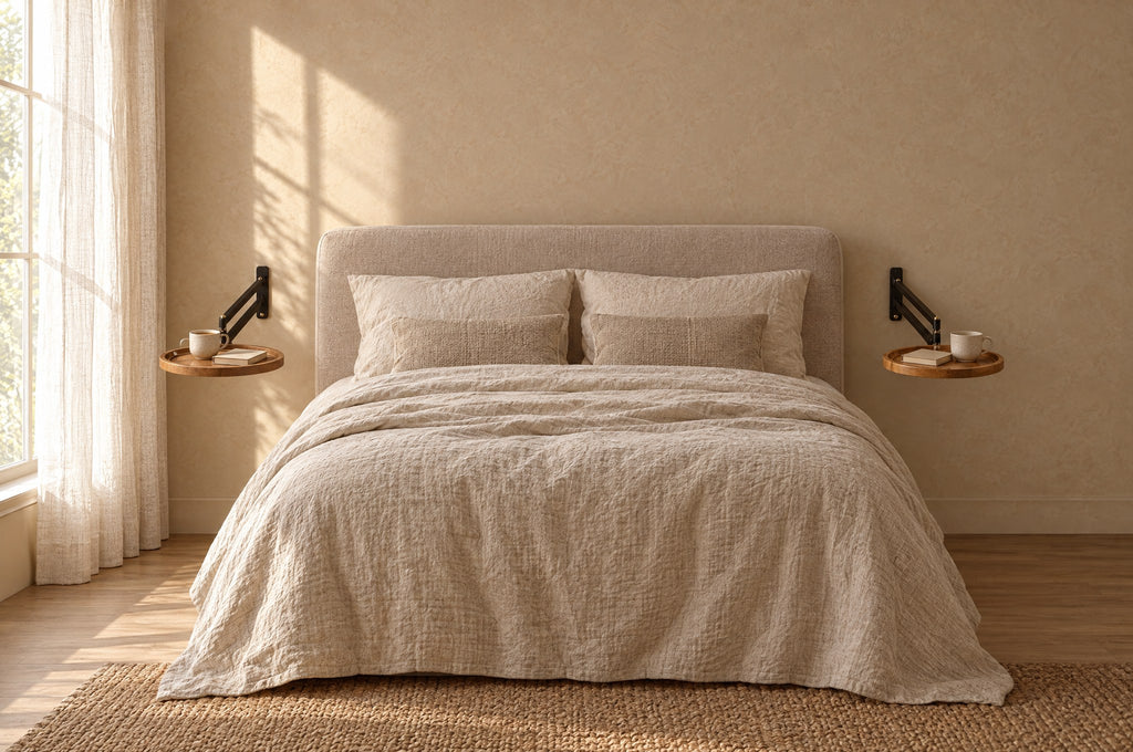 Pair of round wall-mounted bedside tabless with wood-effect top fixed on each side of a double bed