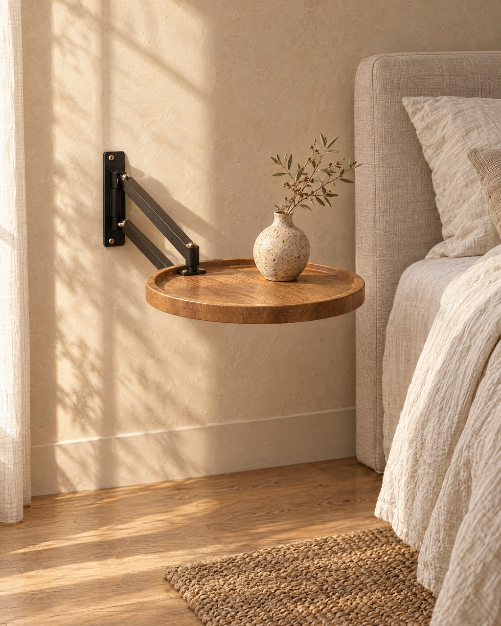 Three-quarter view of the round wall-mounted bedside table with wood-effect top, fixed to the wall with nothing underneath
