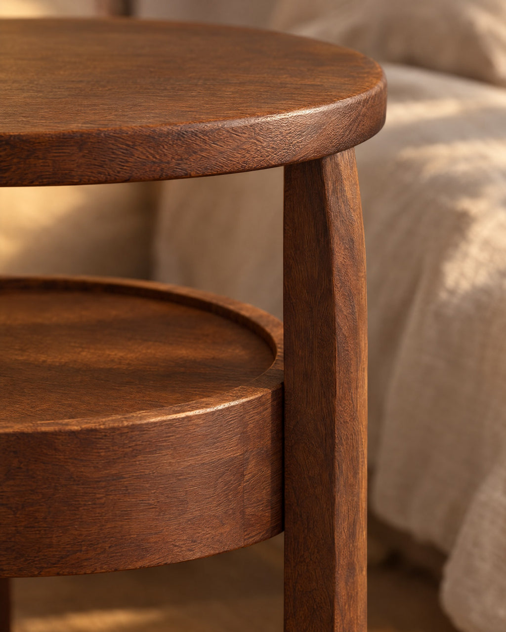 Close-up of the walnut-tone grain on the round top and lower tier