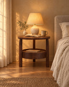 Round walnut-tone bedside table with three legs with a lamp switched on, a book and reading glasses in the evening