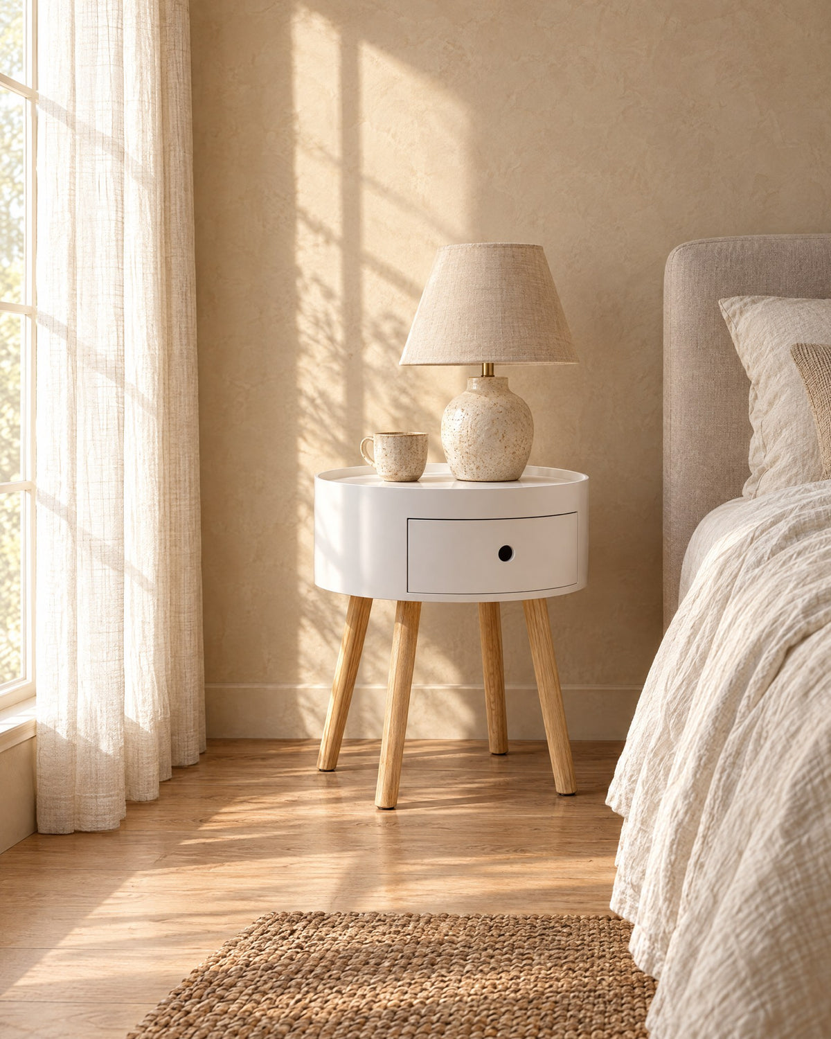 Round white bedside table with natural wood legs in warm morning light with window shadows on the wall