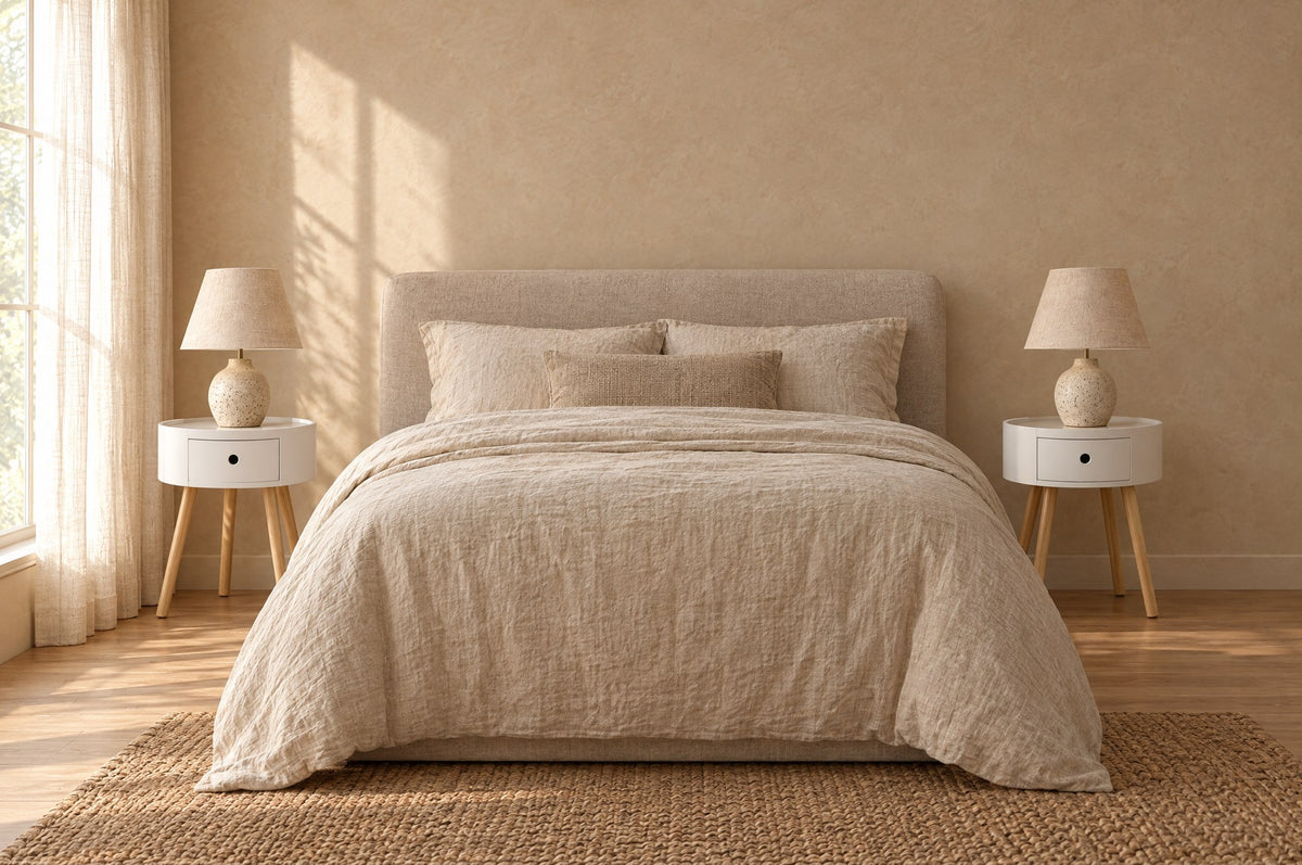 Pair of round white bedside tabless with natural wood legs on each side of a double bed