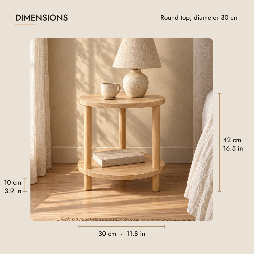 Round two-tier wooden bedside table dimensions: 30 cm wide, 30 cm deep, 42 cm high
