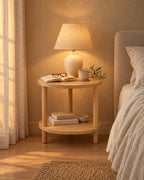 Round two-tier wooden bedside table with a lamp switched on and an open book in the evening