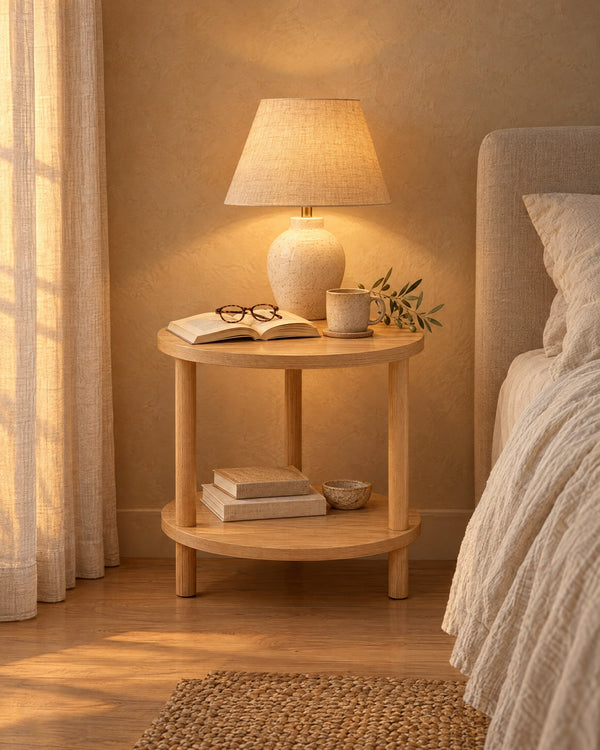 Round Two-Tier Wooden Bedside Table, 30 cm