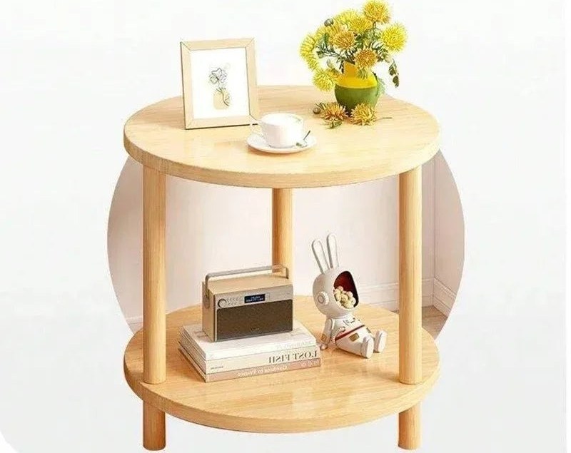 Front view of the round two-tier wooden bedside table