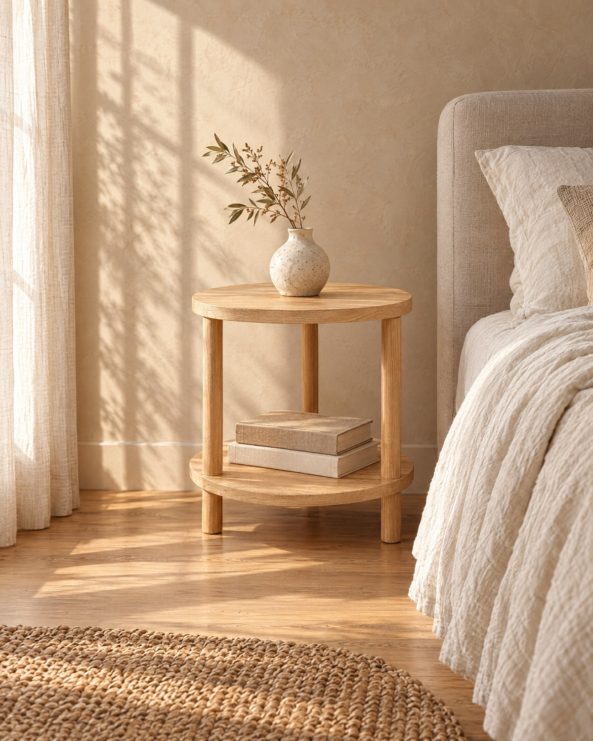 Three-quarter view of the round two-tier wooden bedside table beside the bed