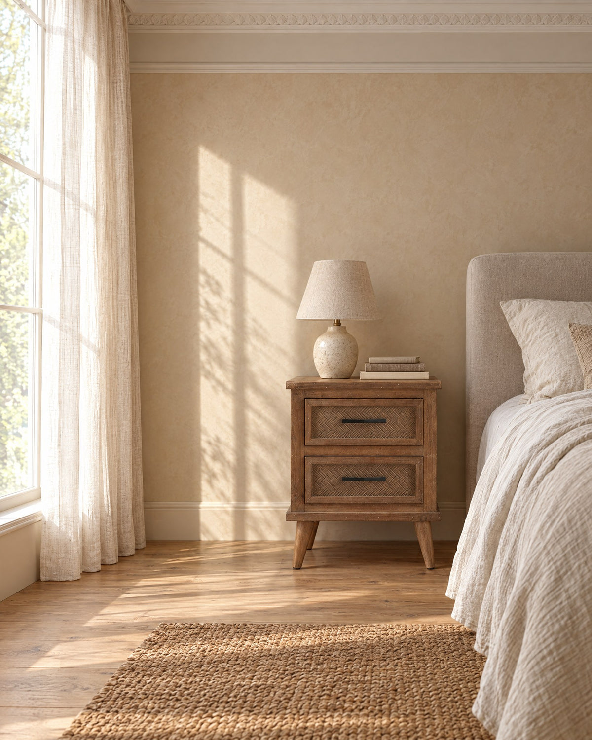 Rustic wood bedside table with herringbone drawers beside a linen bed in a British bedroom with a sash window
