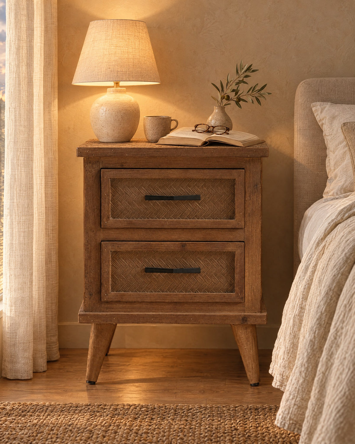 Rustic wood bedside table with herringbone drawers with a lamp switched on and an open book in the evening
