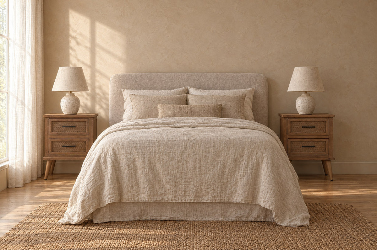 Pair of rustic wood bedside tables with herringbone drawers on each side of a double bed