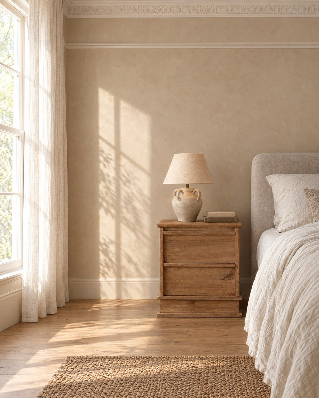 Rustic wood bedside table on a plinth base beside a linen bed in a British bedroom with a sash window