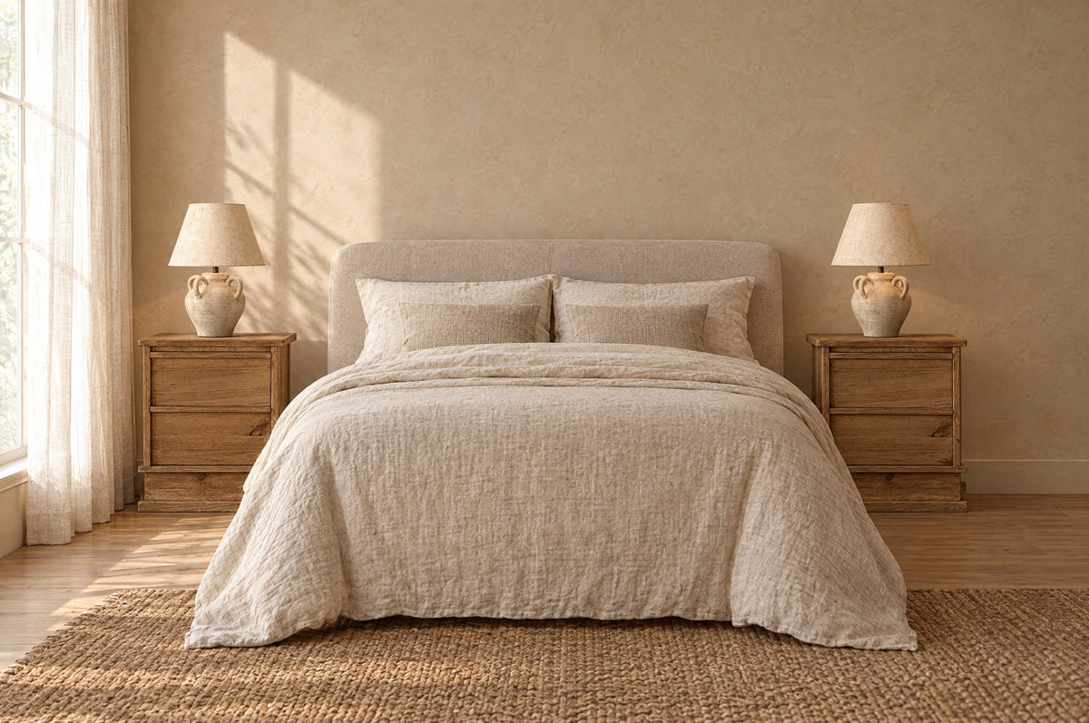 Pair of rustic wood bedside tables on plinth bases on each side of a double bed