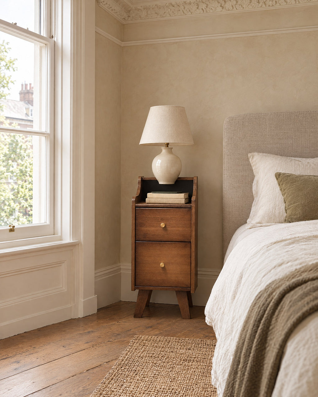 Slim walnut-finish bamboo bedside table beside a linen bed in a bright British bedroom with a sash window