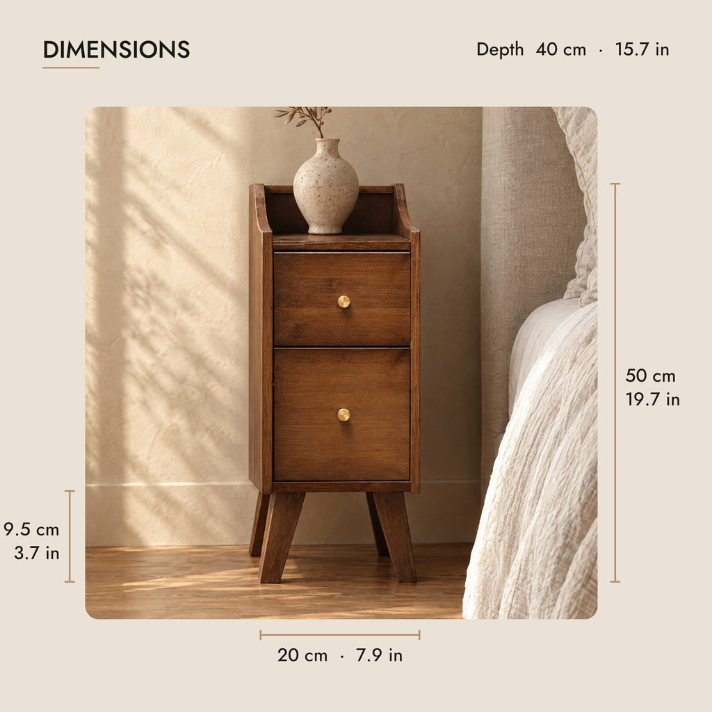 Slim walnut-finish bamboo bedside table dimensions: 20 cm wide, 40 cm deep, 50 cm high