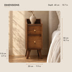 Slim walnut-finish bamboo bedside table dimensions: 20 cm wide, 40 cm deep, 50 cm high