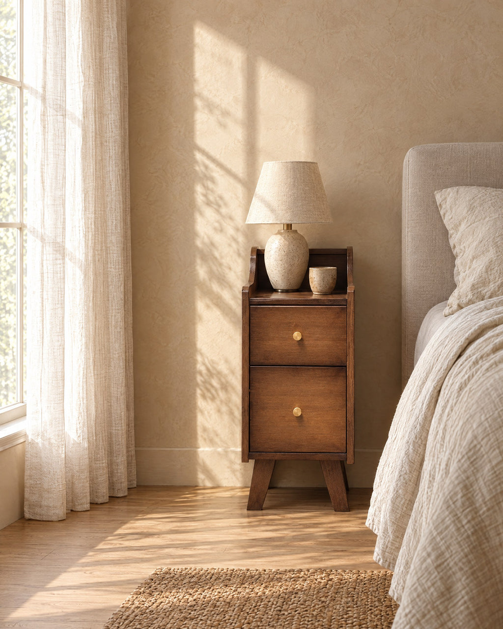 Slim walnut-finish bamboo bedside table with a ceramic lamp in morning light