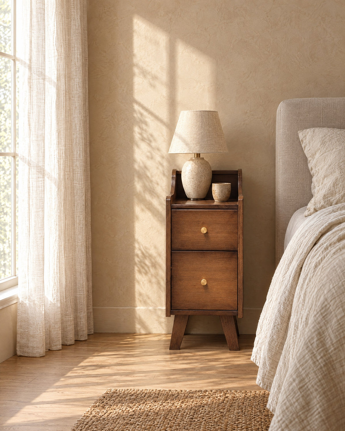 Slim walnut-finish bamboo bedside table with a ceramic lamp in morning light