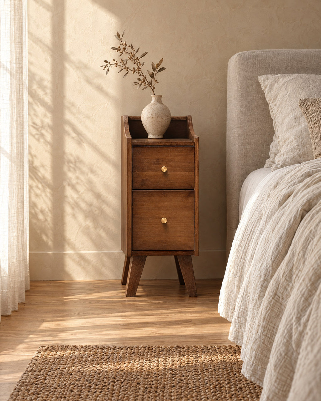 Three-quarter view of the slim walnut-finish bamboo bedside table beside the bed