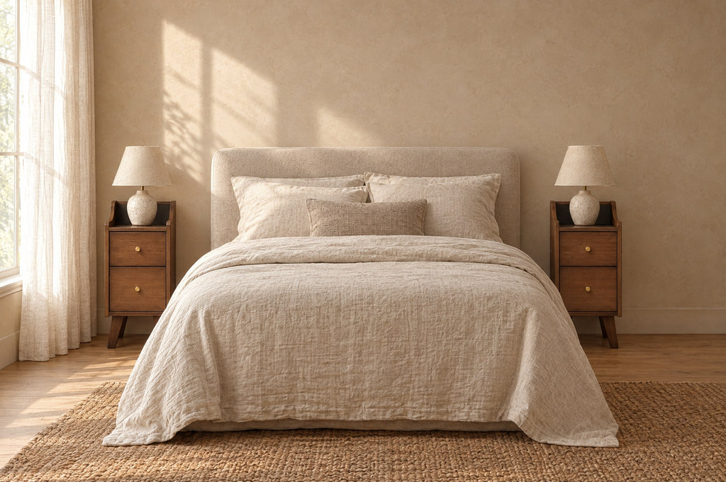 Pair of slim walnut-finish bamboo bedside tables on each side of a double bed