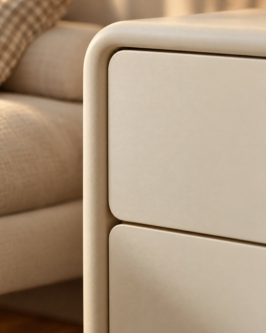 Close-up of the rounded cream frame and handle-free drawer fronts