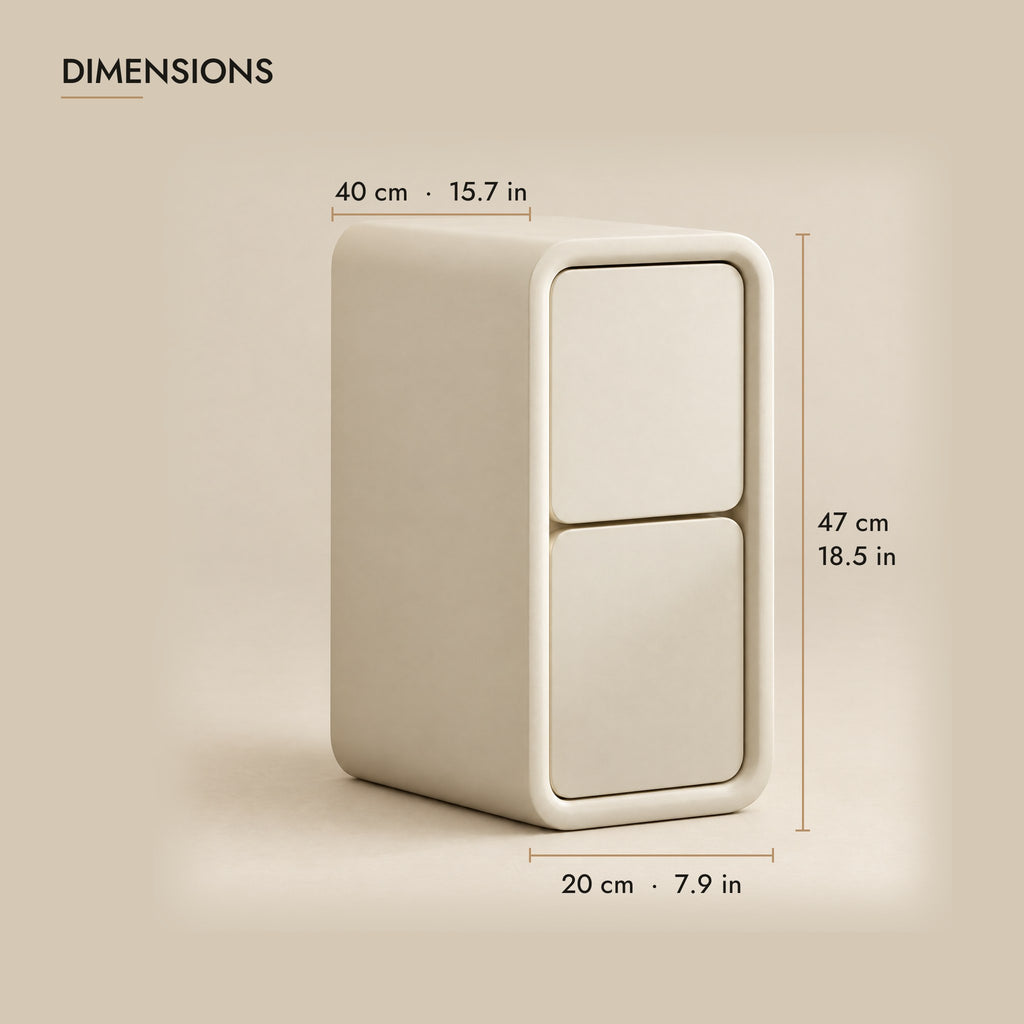 Slim cream bedside table dimensions: 20 cm wide, 40 cm deep, 47 cm high