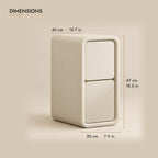 Slim cream bedside table dimensions: 20 cm wide, 40 cm deep, 47 cm high