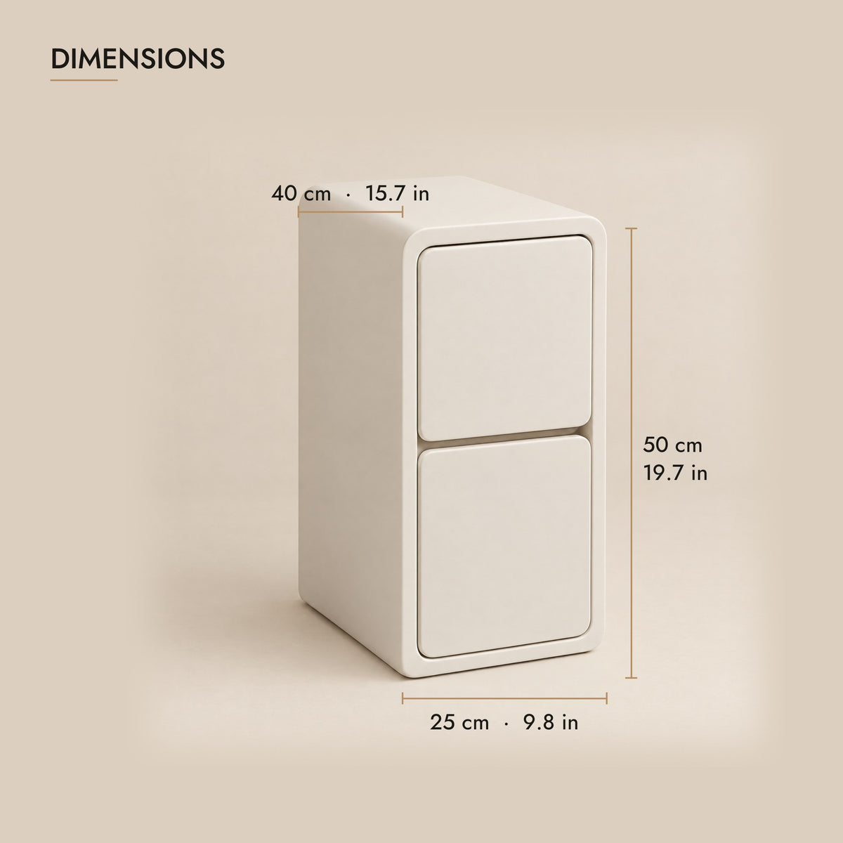Slim cream bedside table dimensions: 25 cm wide, 40 cm deep, 50 cm high