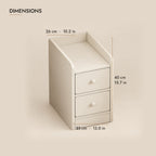 Slim cream bedside table dimensions: 33 cm wide, 26 cm deep, 40 cm high