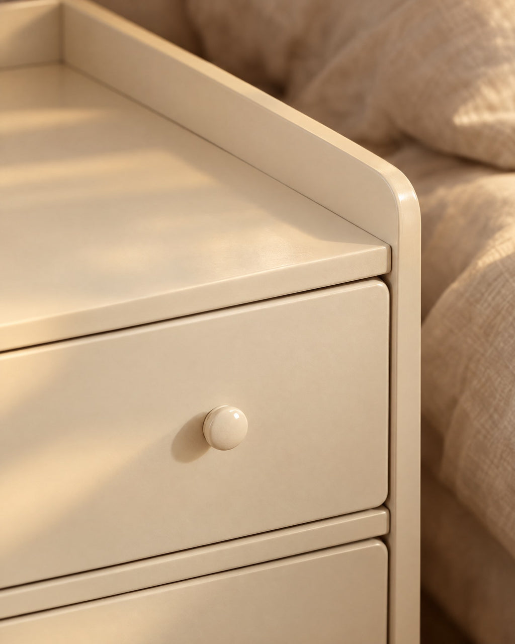 Close-up of the round knob of the top drawer and the raised rim of the cream bedside table
