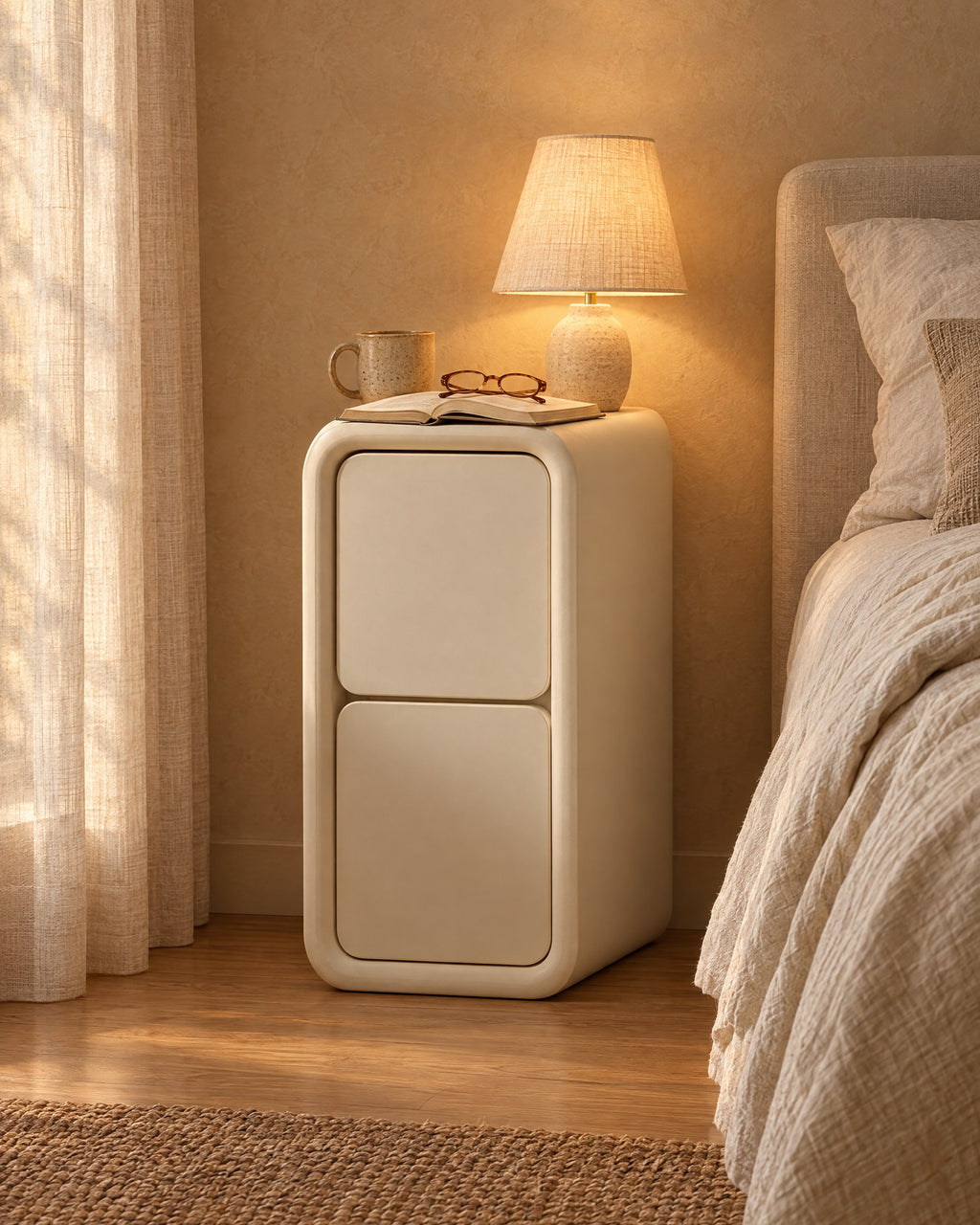 Slim cream bedside table with two handle-free drawers, lamp switched on and an open book in the evening