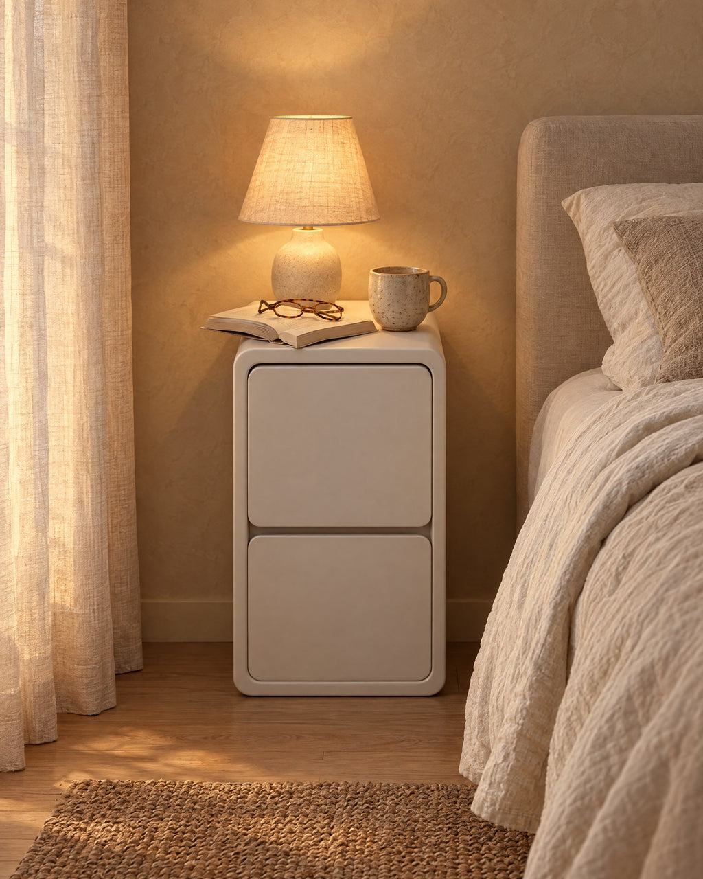 Slim cream bedside table with two drawers, a lamp switched on and an open book in the evening