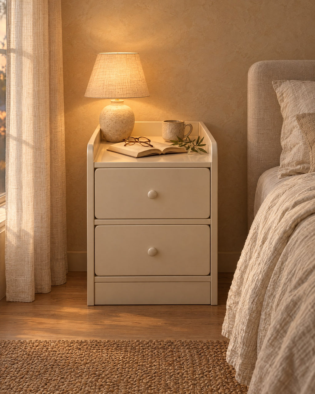 Slim cream bedside table with two drawers, a lamp switched on and an open book in the evening