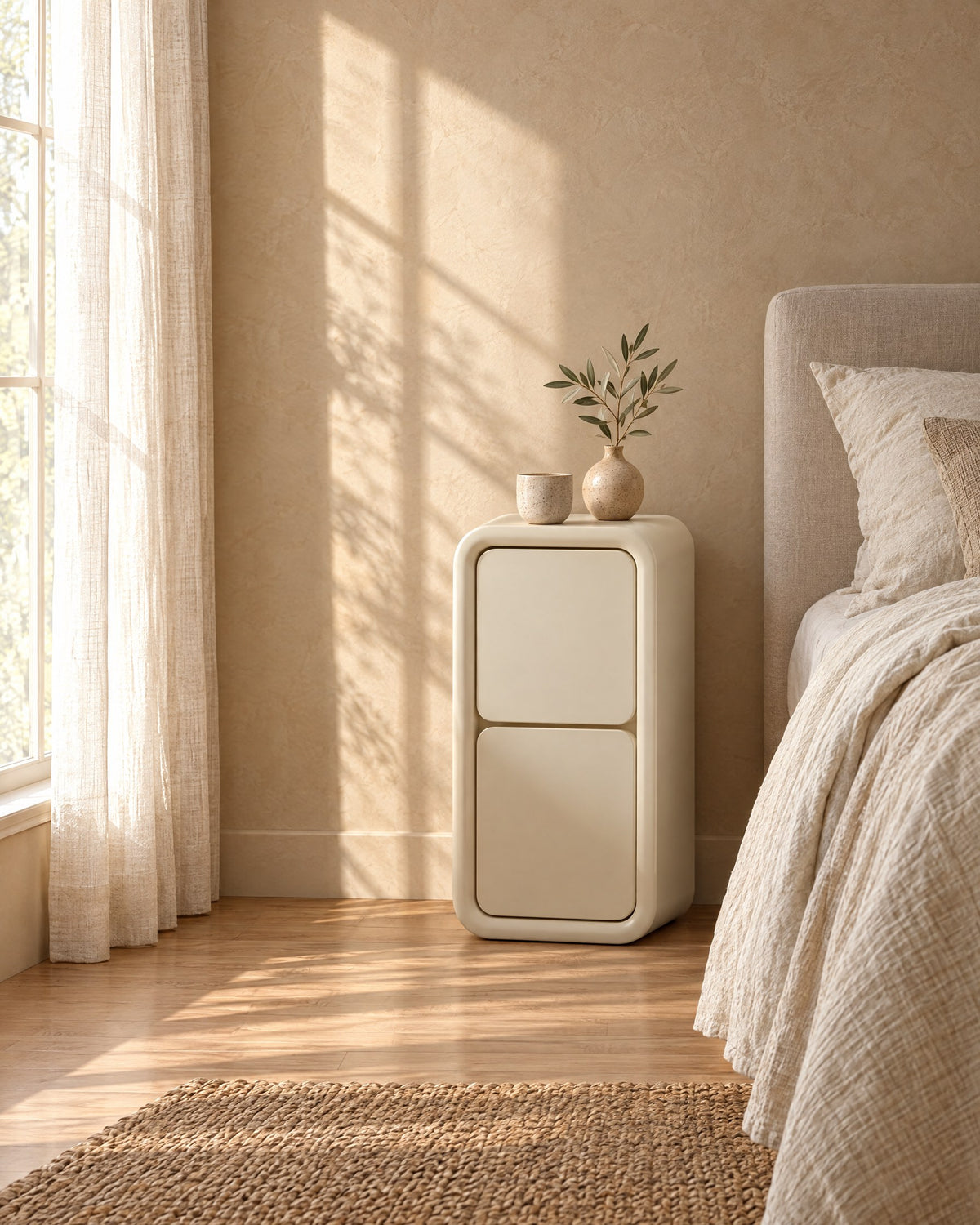 Narrow cream bedside table with rounded edges in morning light