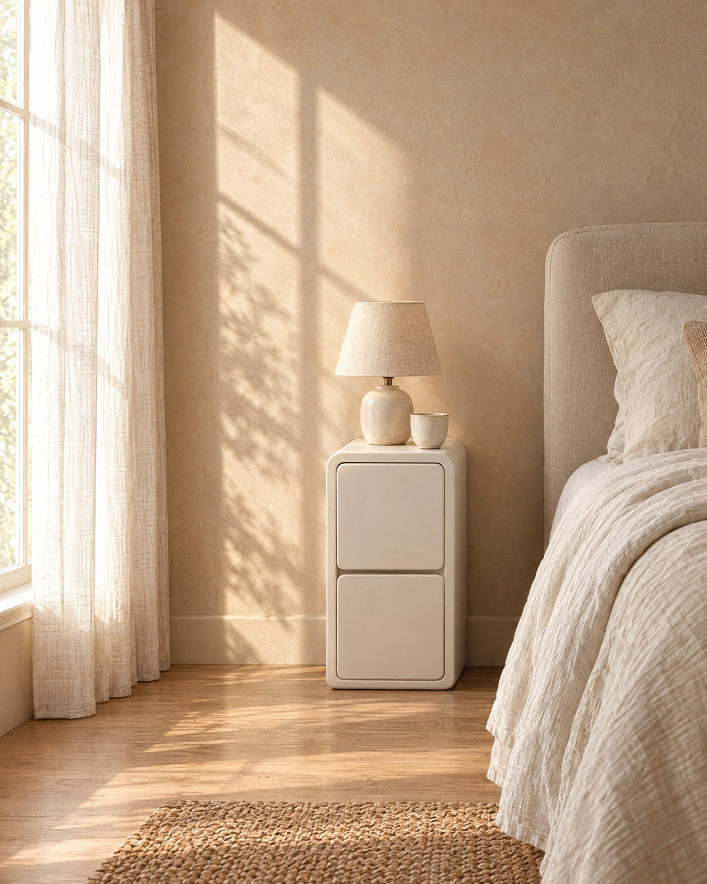 Slim cream bedside table with a ceramic lamp in morning light