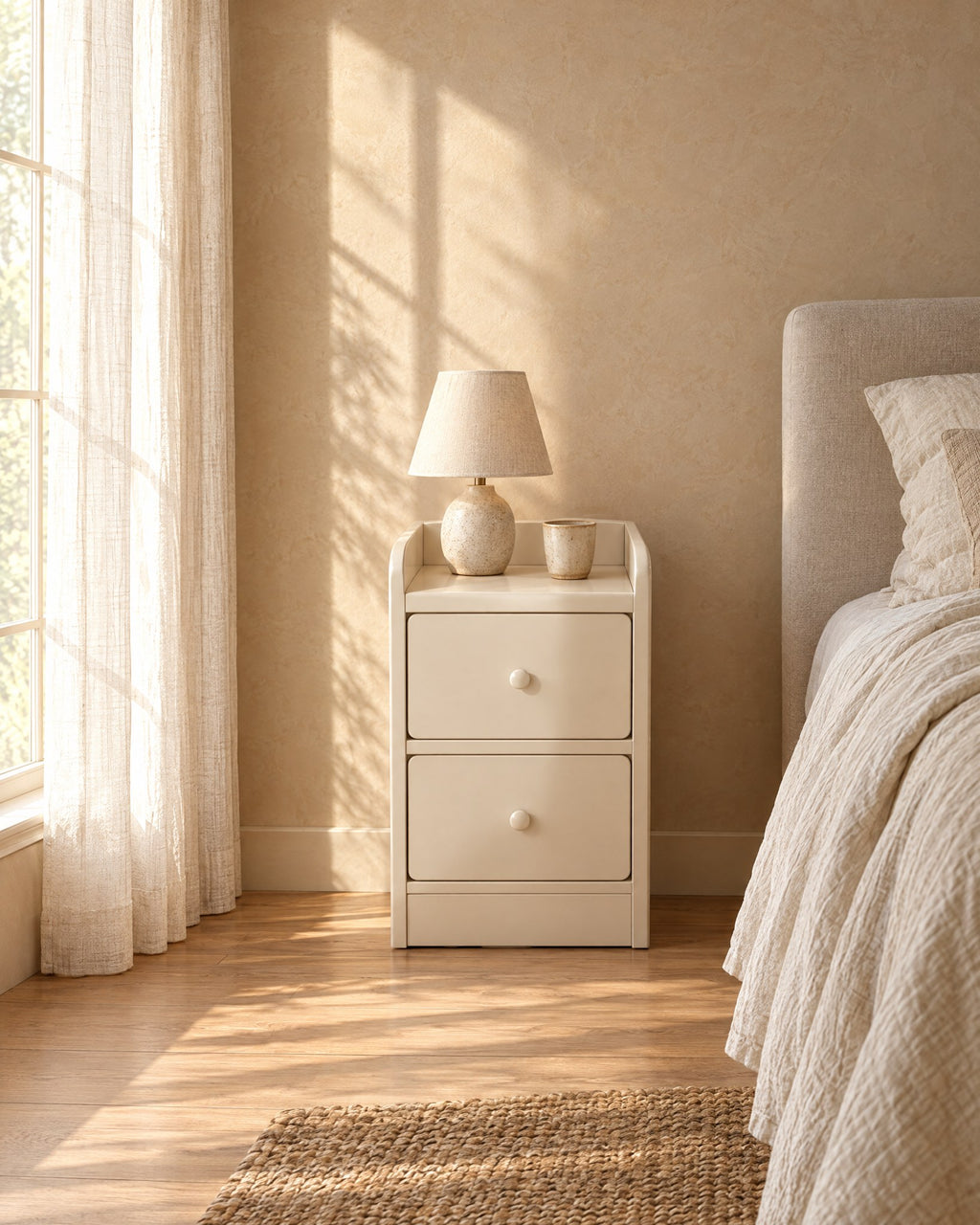 Slim cream bedside table with a ceramic lamp in morning light