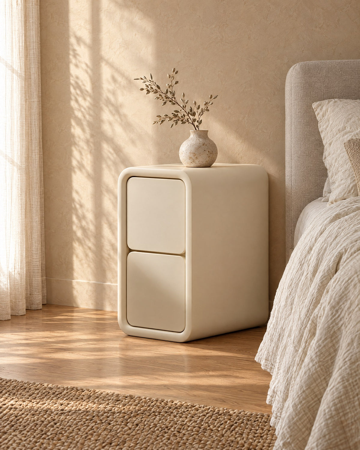 Three-quarter view of the slim cream bedside table showing its 40 cm depth