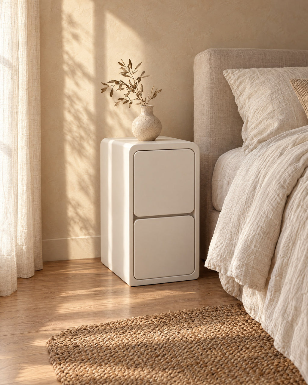 Three-quarter view of the slim legless cream bedside table
