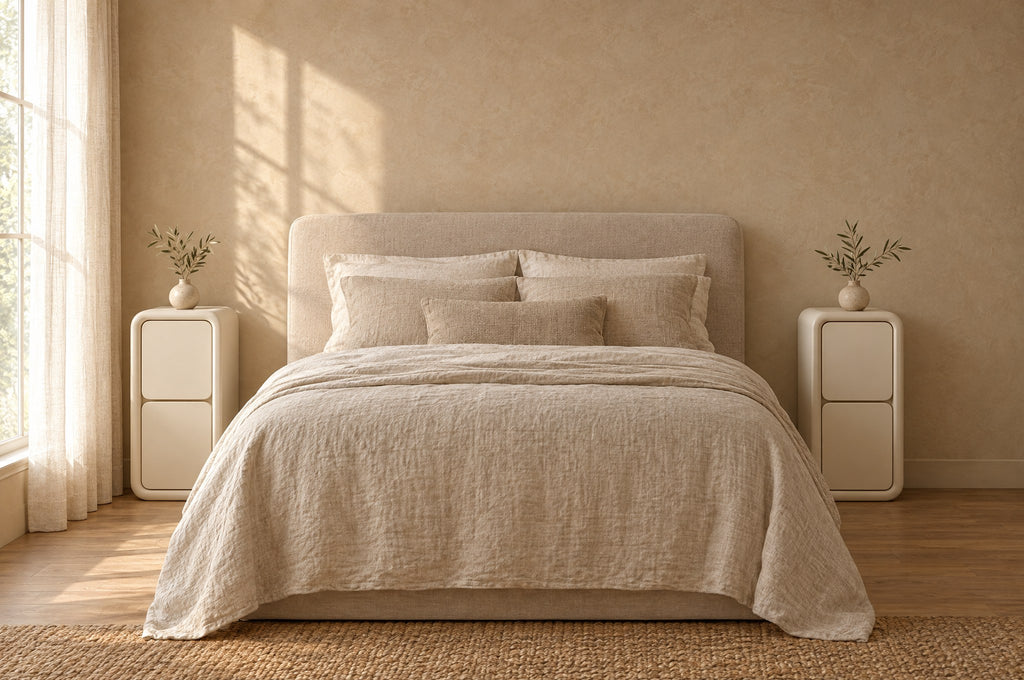 Pair of slim cream bedside tables on each side of a double bed