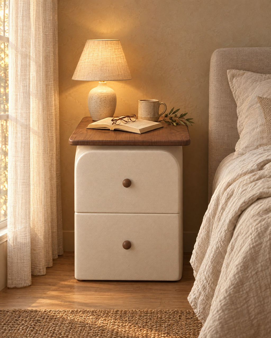 Slim cream bedside table with walnut-effect top and two drawers with wooden knobs, lamp switched on and an open book in the evening