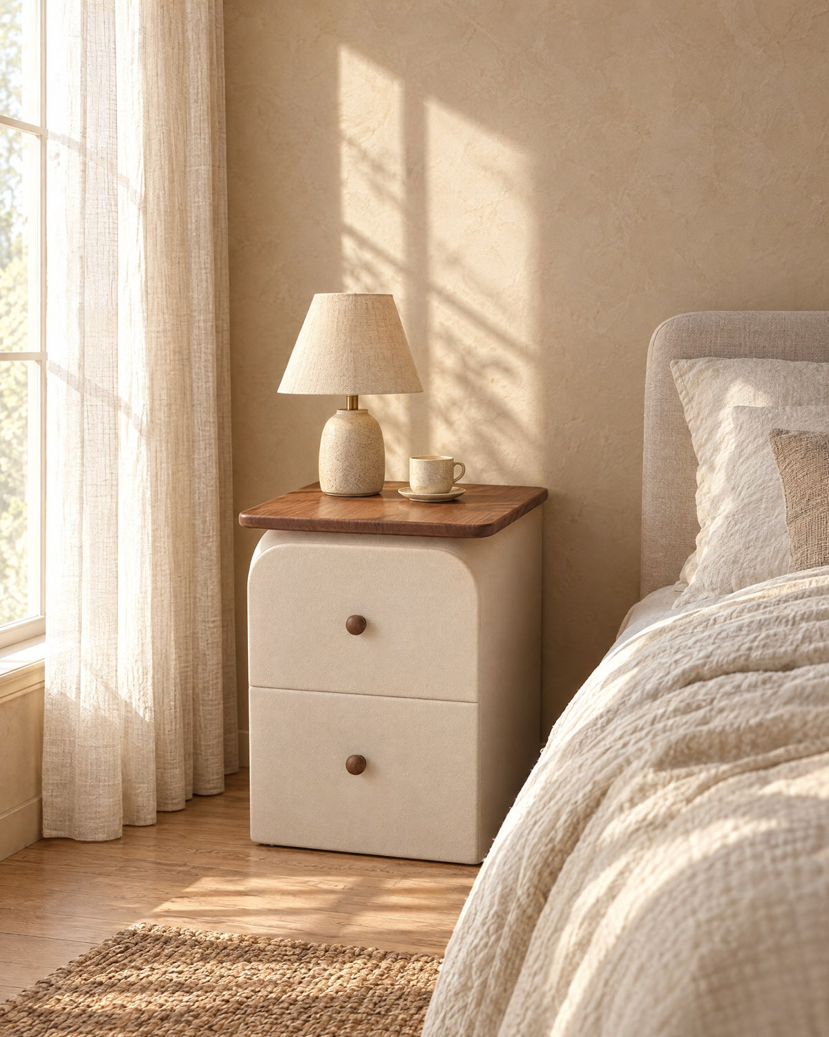 Slim cream bedside table with walnut-effect top and two drawers with wooden knobs with a ceramic lamp in morning light