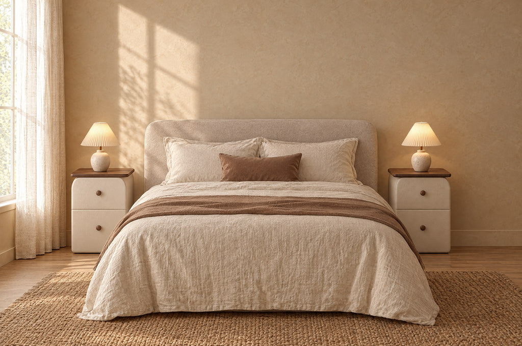 Pair of slim cream bedside tables with walnut-effect top and two drawers with wooden knobs either side of a double bed