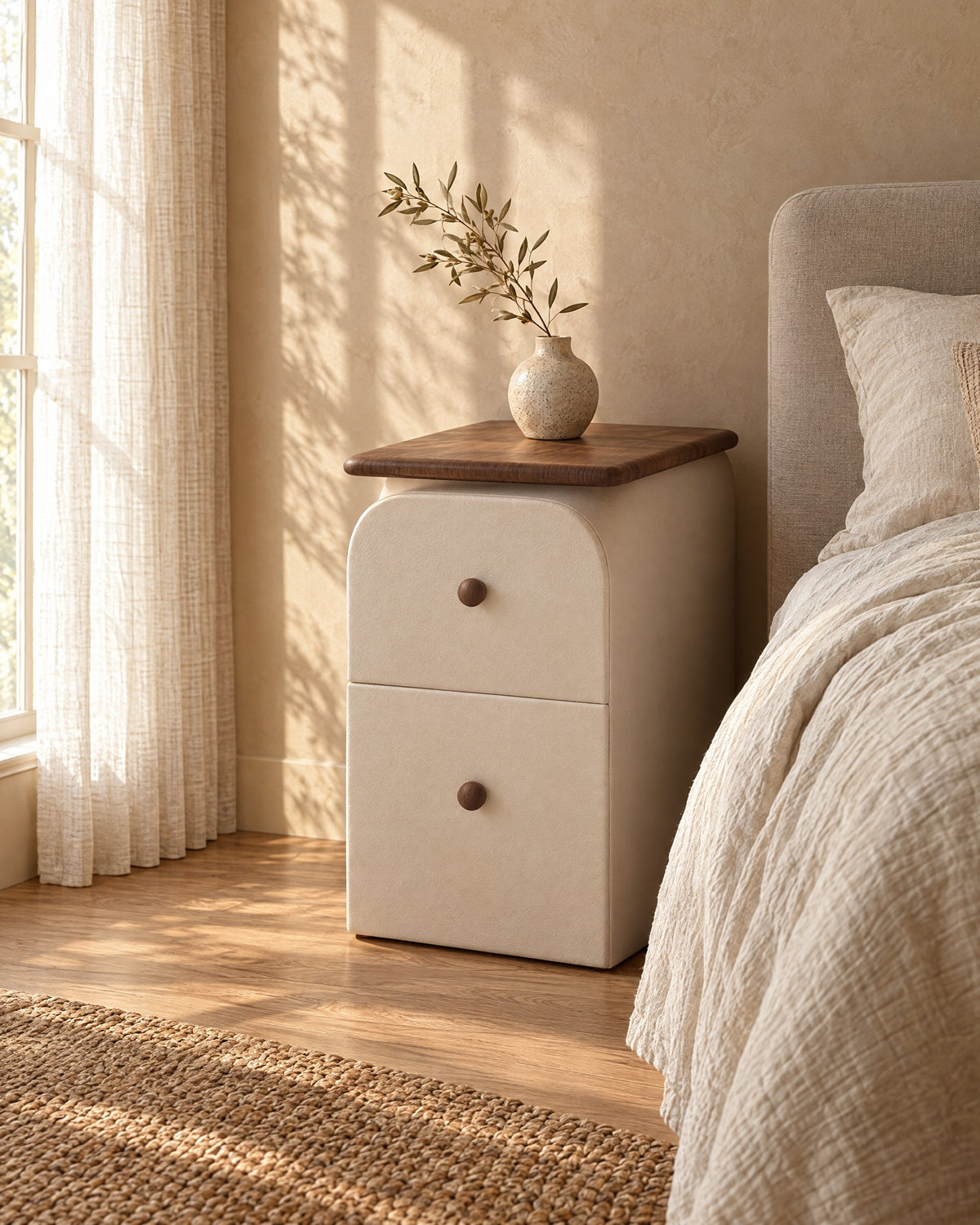 Three-quarter view of the slim cream bedside table with walnut-effect top and two drawers with wooden knobs