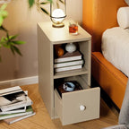 Front view of the slim greige bedside table with open shelf