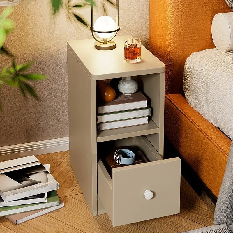 Front view of the slim greige bedside table with open shelf