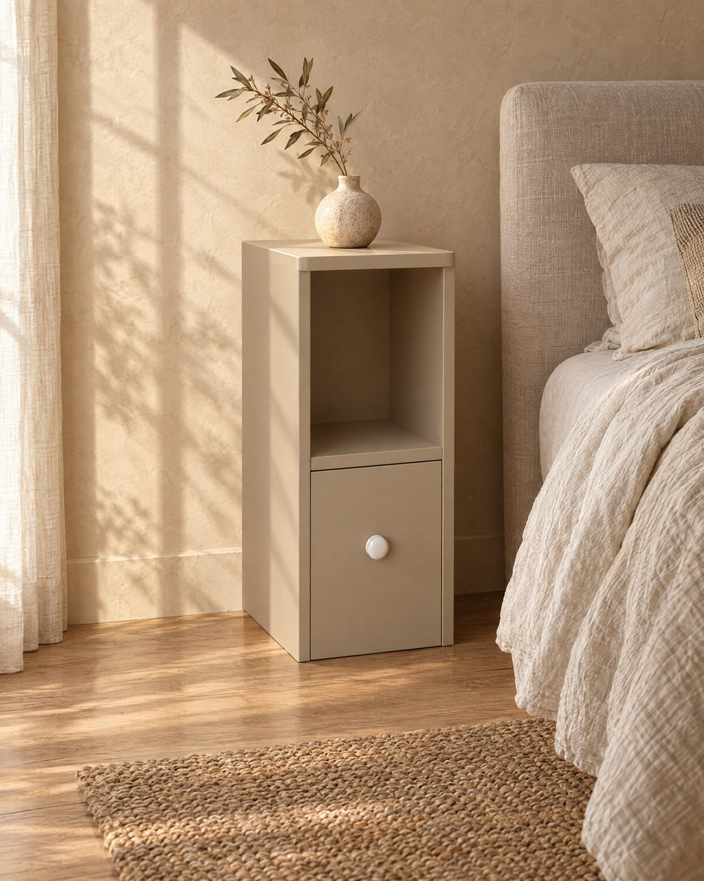 Three-quarter view of the slim greige bedside table with open shelf beside the bed