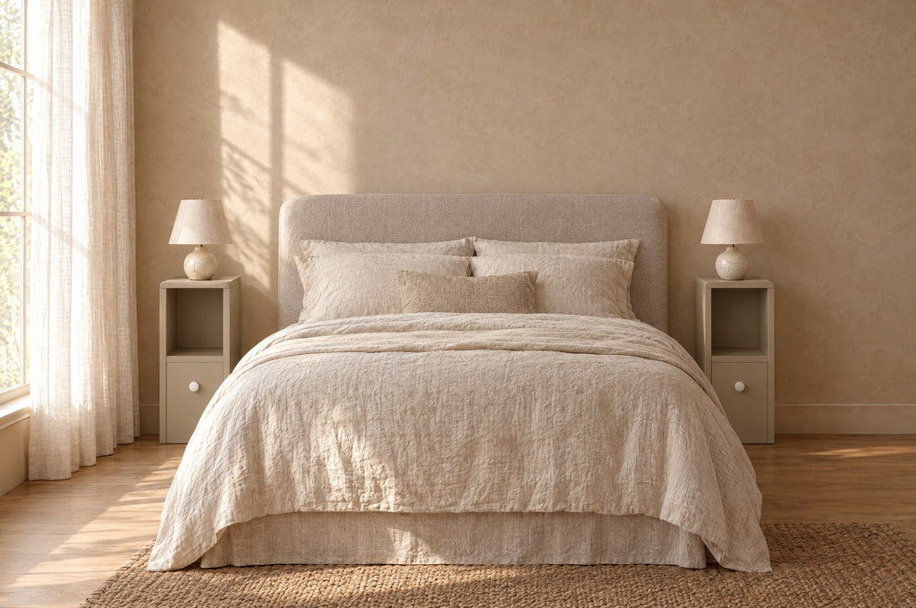 Pair of slim greige bedside tables with open shelf on each side of a double bed