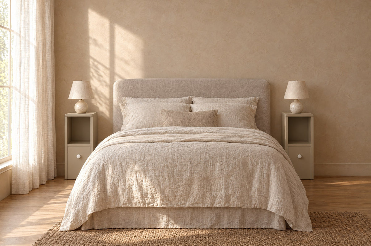 Pair of slim greige bedside tables with open shelf on each side of a double bed
